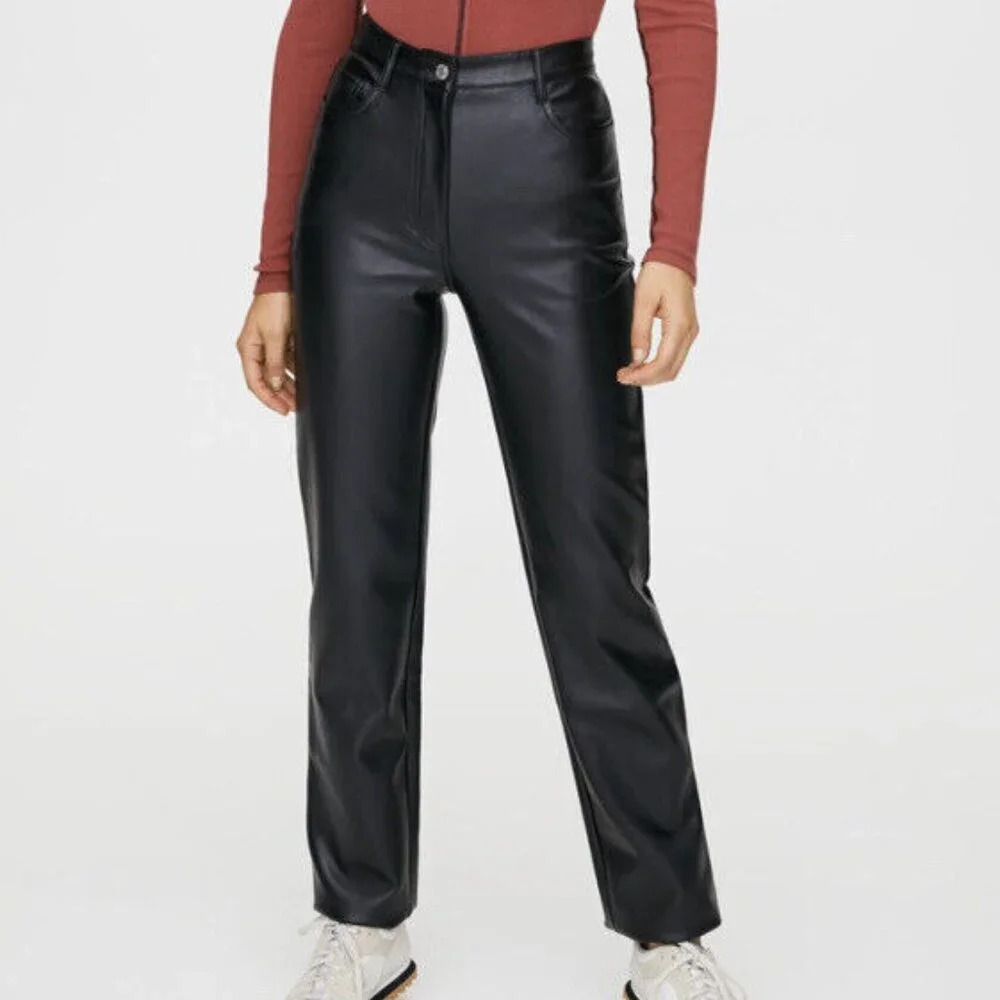 Aritzia Wilfred Black Faux Leather‎ Melina Straight Leg Pants